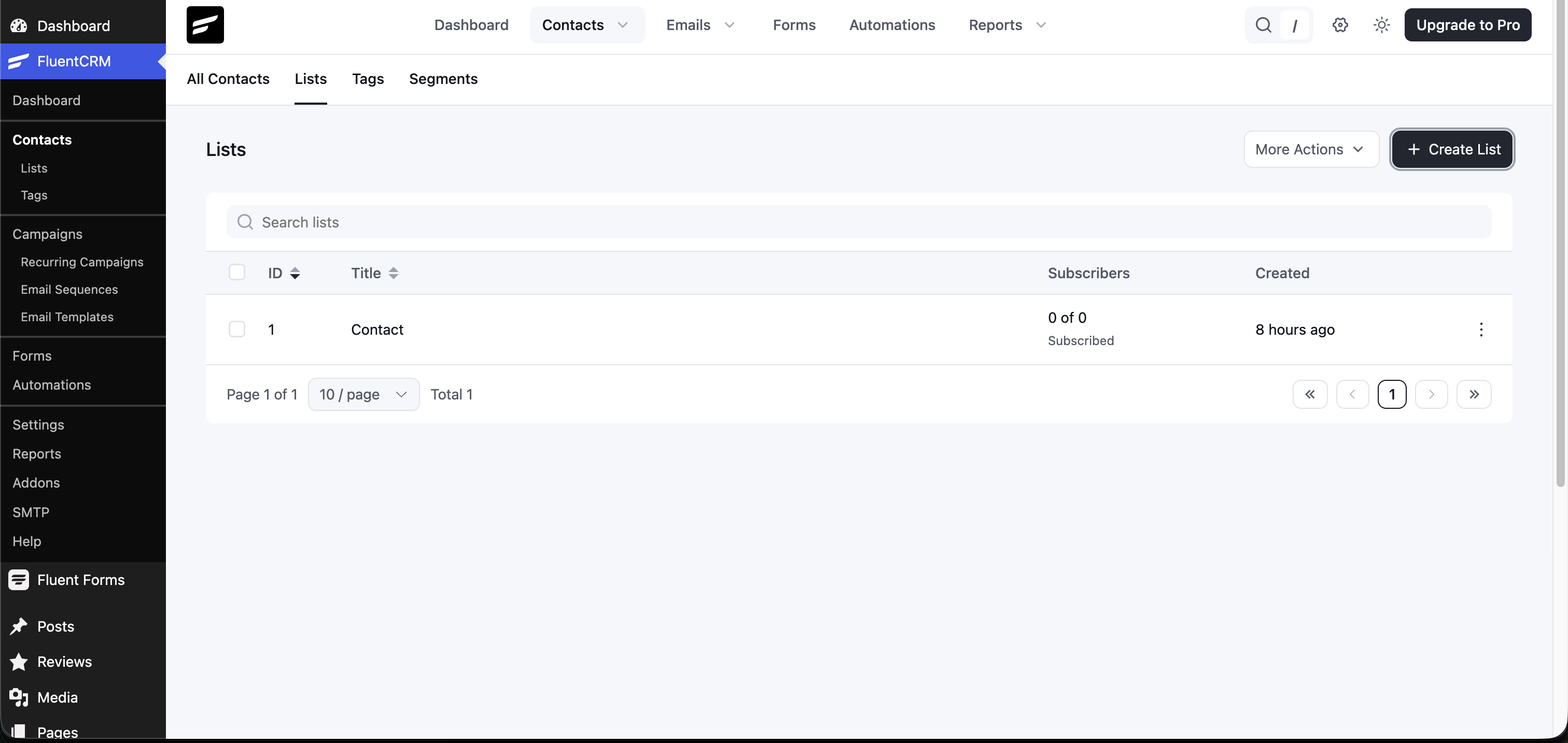 Fluent CRM Lists page