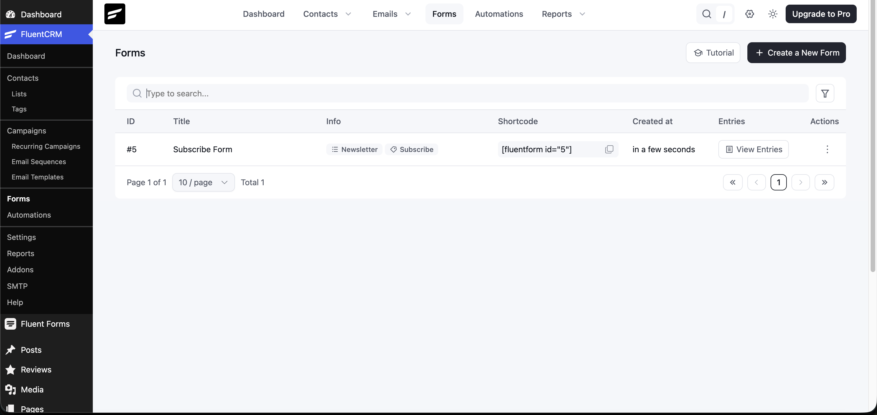 Shortcode column on Forms list