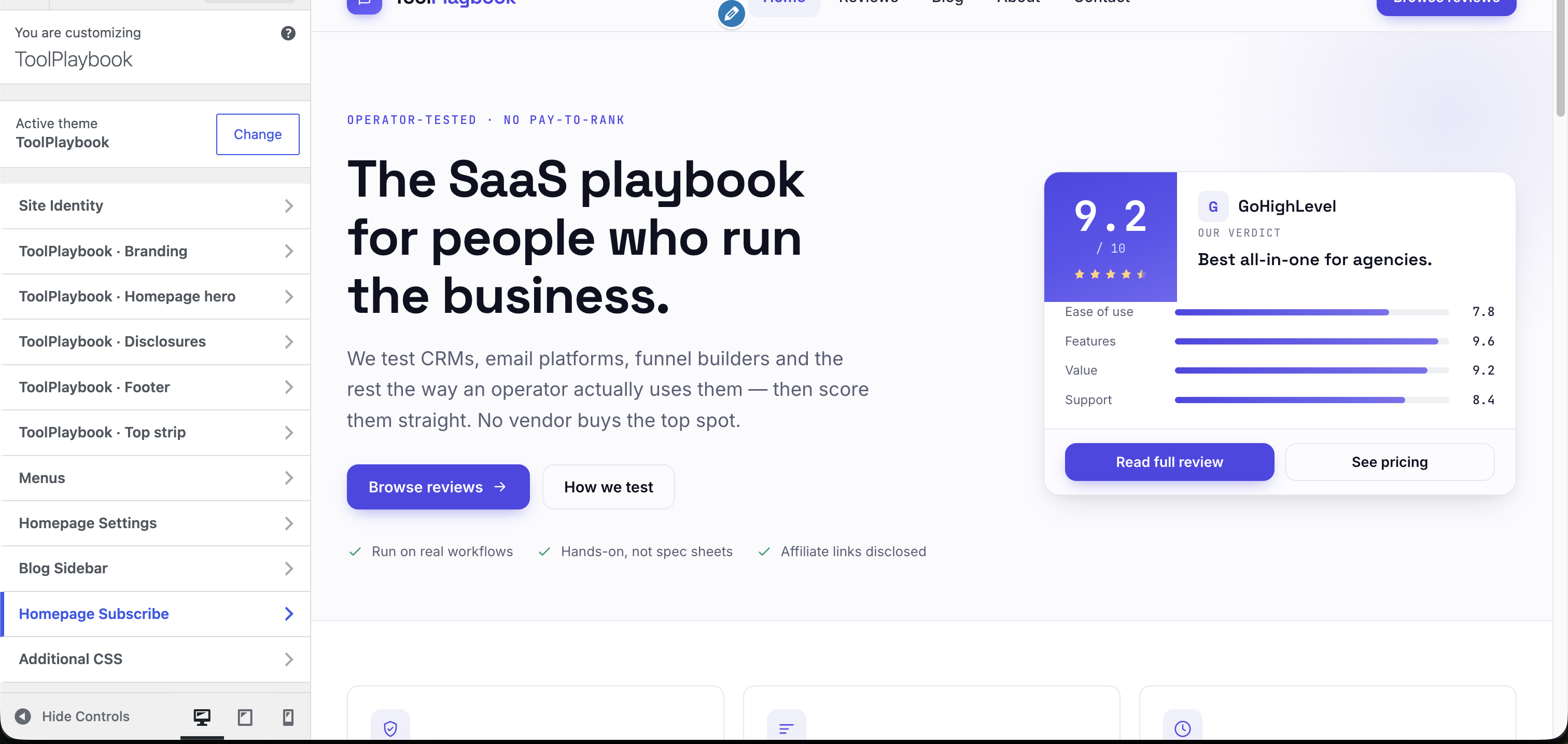 Customizer sidebar showing Homepage Subscribe