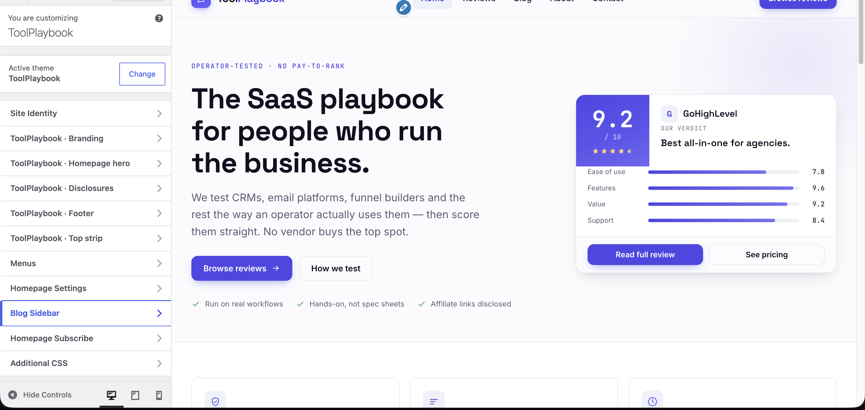 Customizer sidebar showing Blog Sidebar