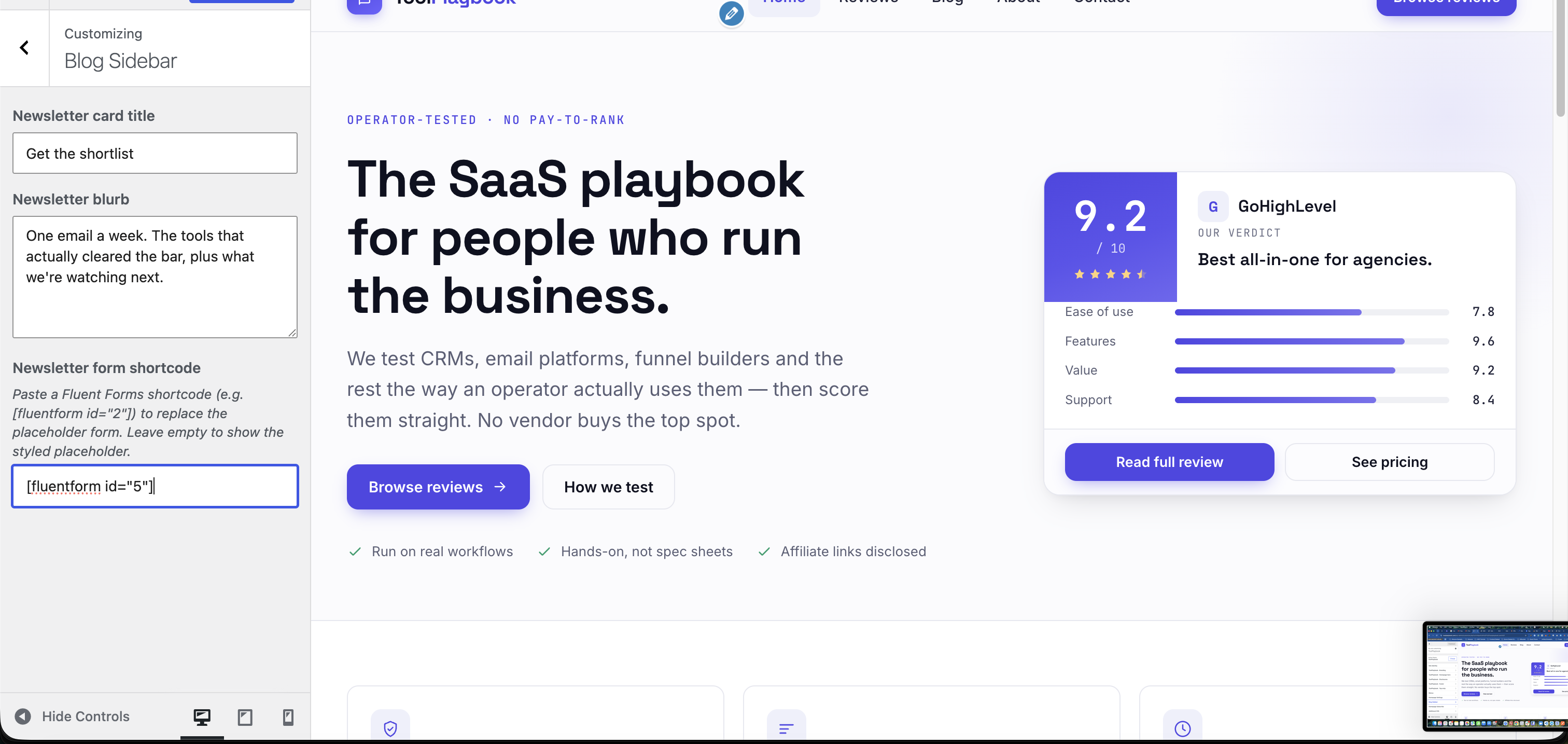Customizer Blog Sidebar filled in