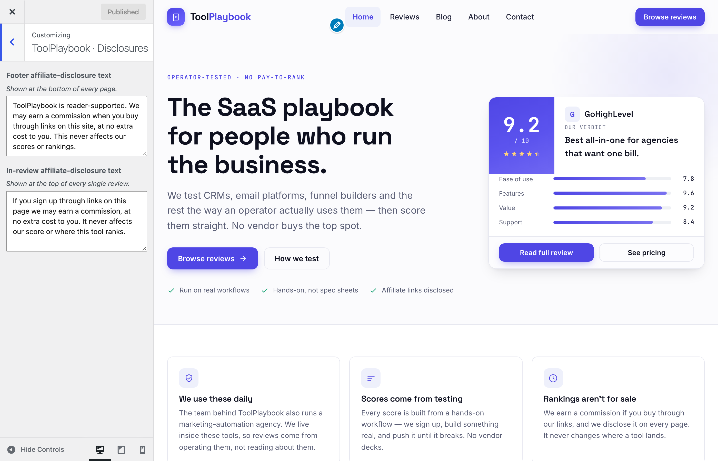 Customizer → Disclosures