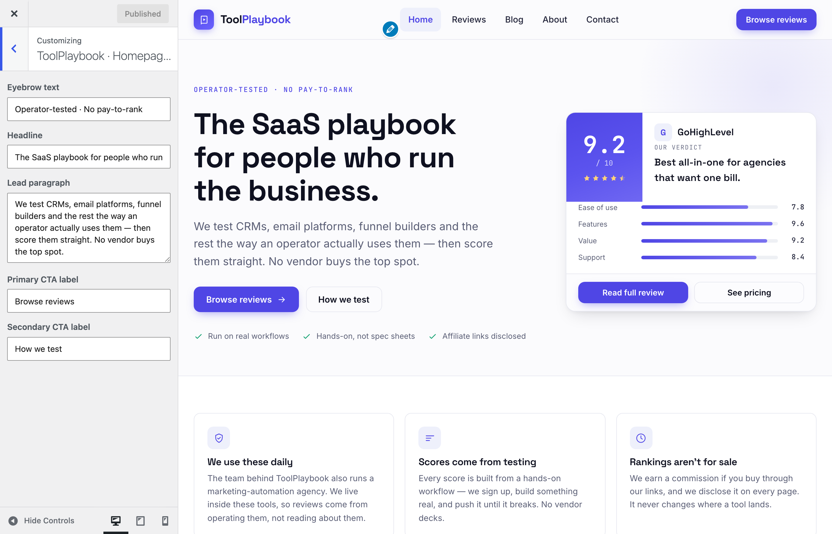 Customizer → Homepage hero