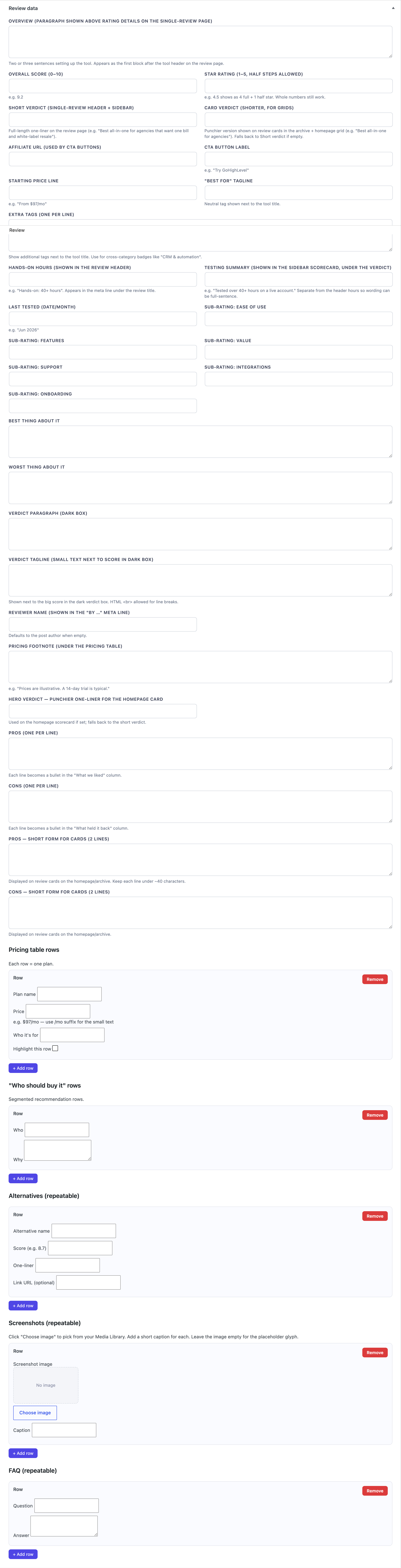 Review data metabox (fully expanded, empty state)