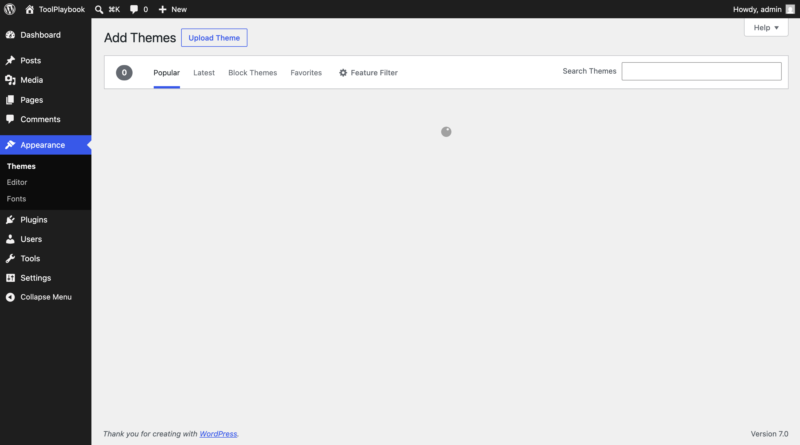 Add New Theme screen with Upload Theme button