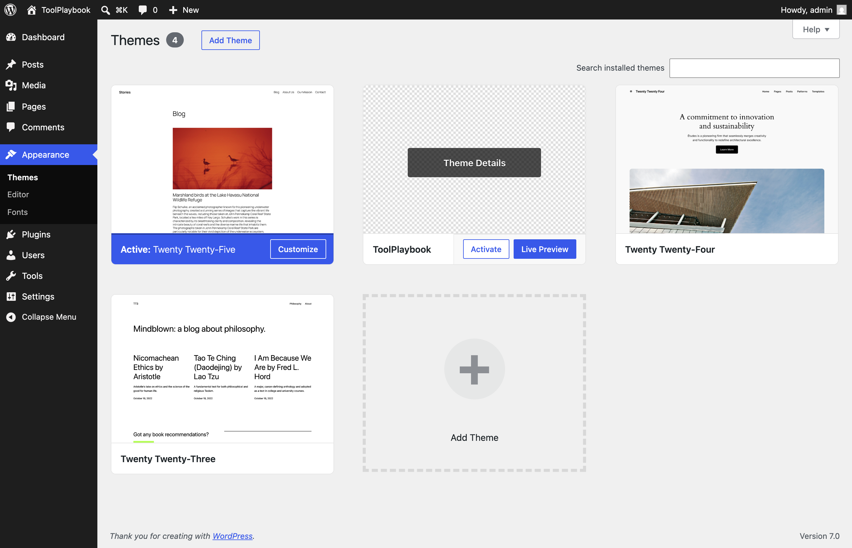 Themes list showing ToolPlaybook installed, ready to activate