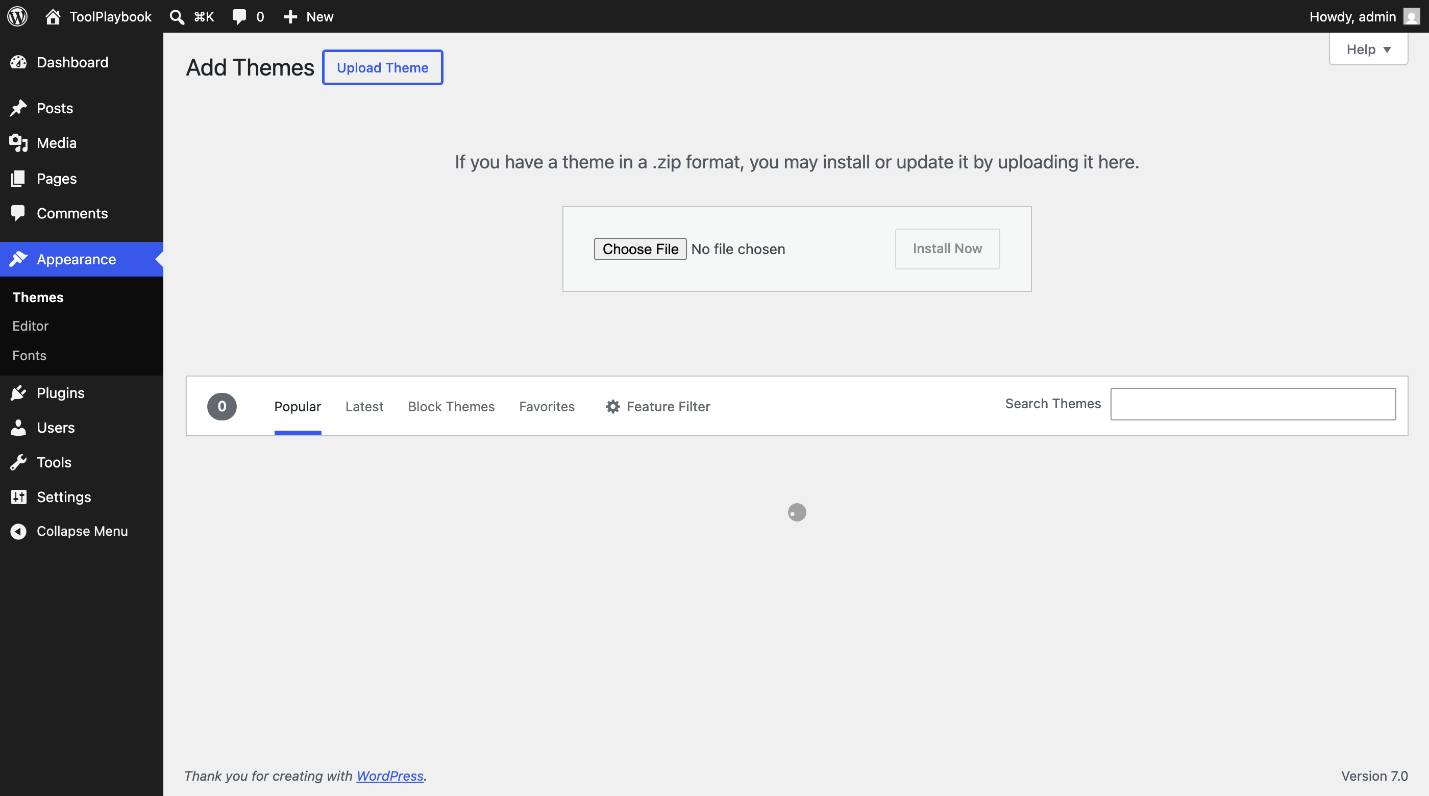 Upload Theme form (Choose File → Install Now)