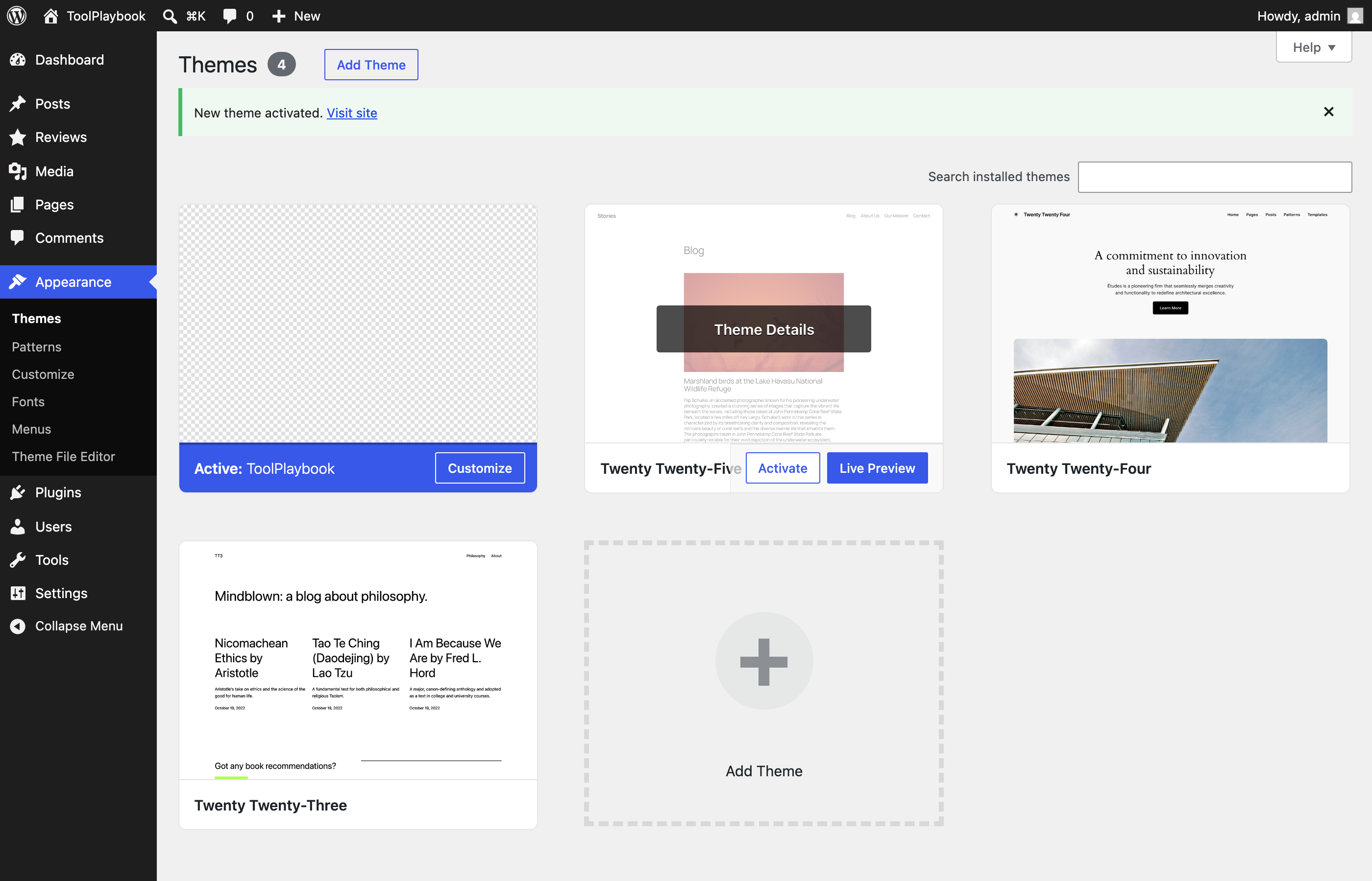 Themes list after activating ToolPlaybook